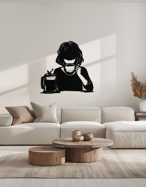 Load image into Gallery viewer, Coffee Girl Silhouette Metal Wall Art – Cozy Black Modern Home Decor for Coffee - KAF683
