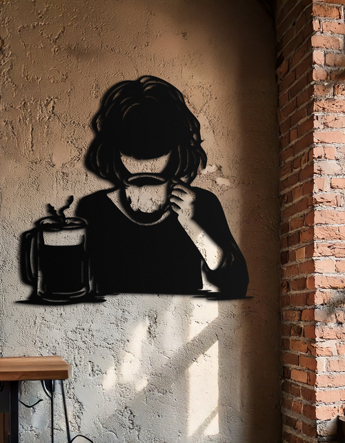 Load image into Gallery viewer, Coffee Girl Silhouette Metal Wall Art – Cozy Black Modern Home Decor for Coffee - KAF683
