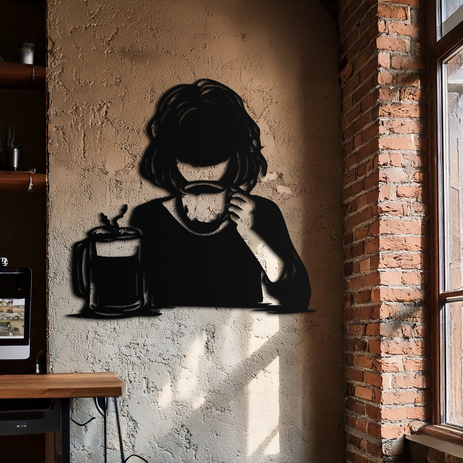 Coffee Girl Silhouette Metal Wall Art – Cozy Black Modern Home Decor for Coffee - KAF683