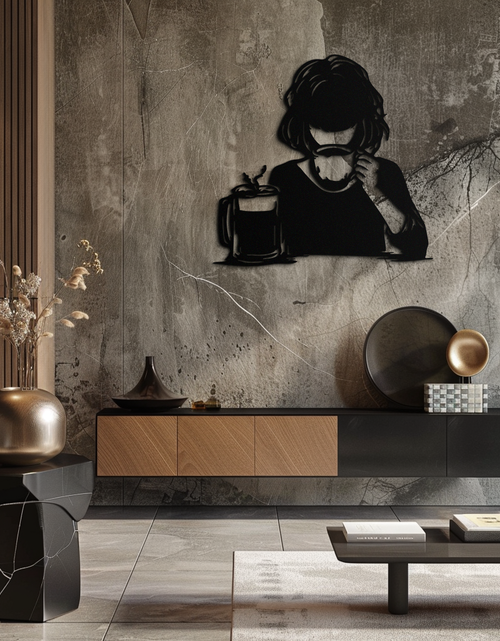 Load image into Gallery viewer, Coffee Girl Silhouette Metal Wall Art – Cozy Black Modern Home Decor for Coffee - KAF683
