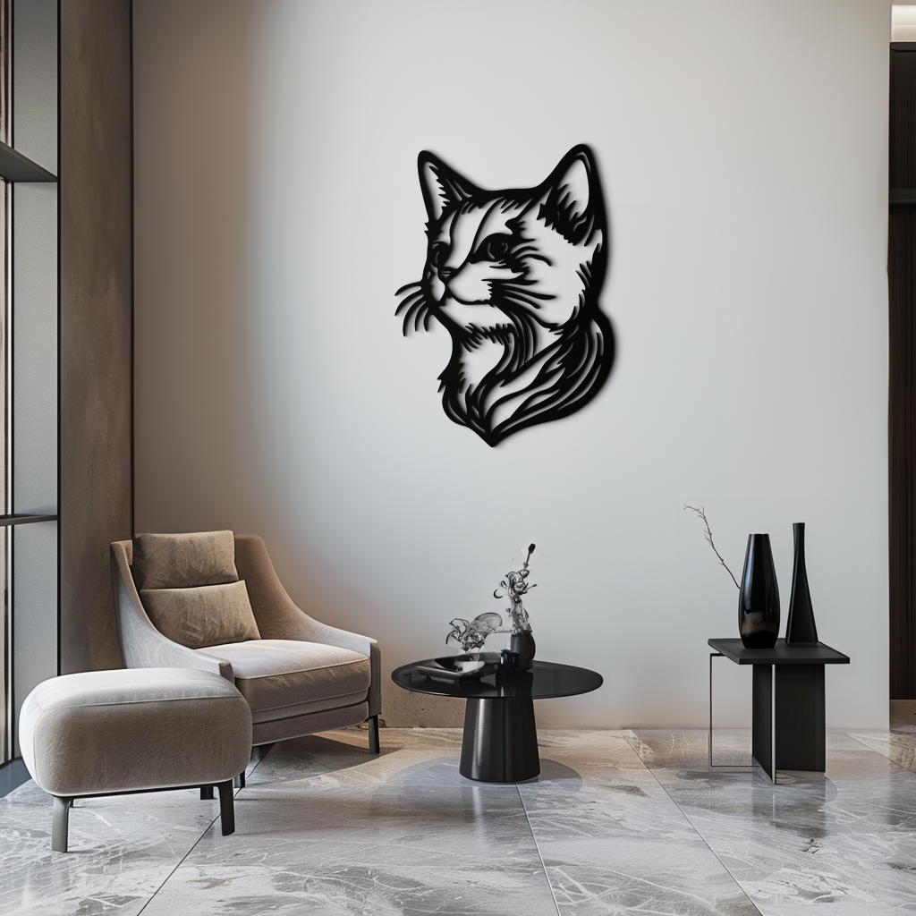 Zarif Kedi Başı Silüeti Metal Duvar Sanatı – Kedi Esintili Dekoratif Parça- KAF684