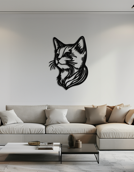 Zarif Kedi Başı Silüeti Metal Duvar Sanatı – Kedi Esintili Dekoratif Parça- KAF684