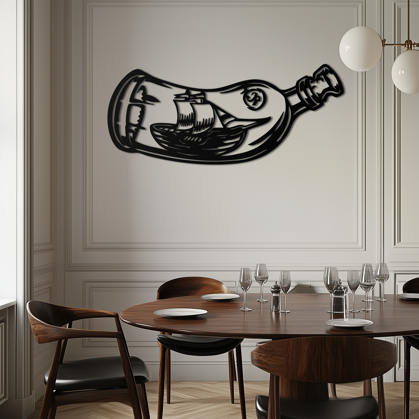 Ship in a Bottle Metal Wall Art – Nautical Silhouette Design for Sea Lovers- KAF691