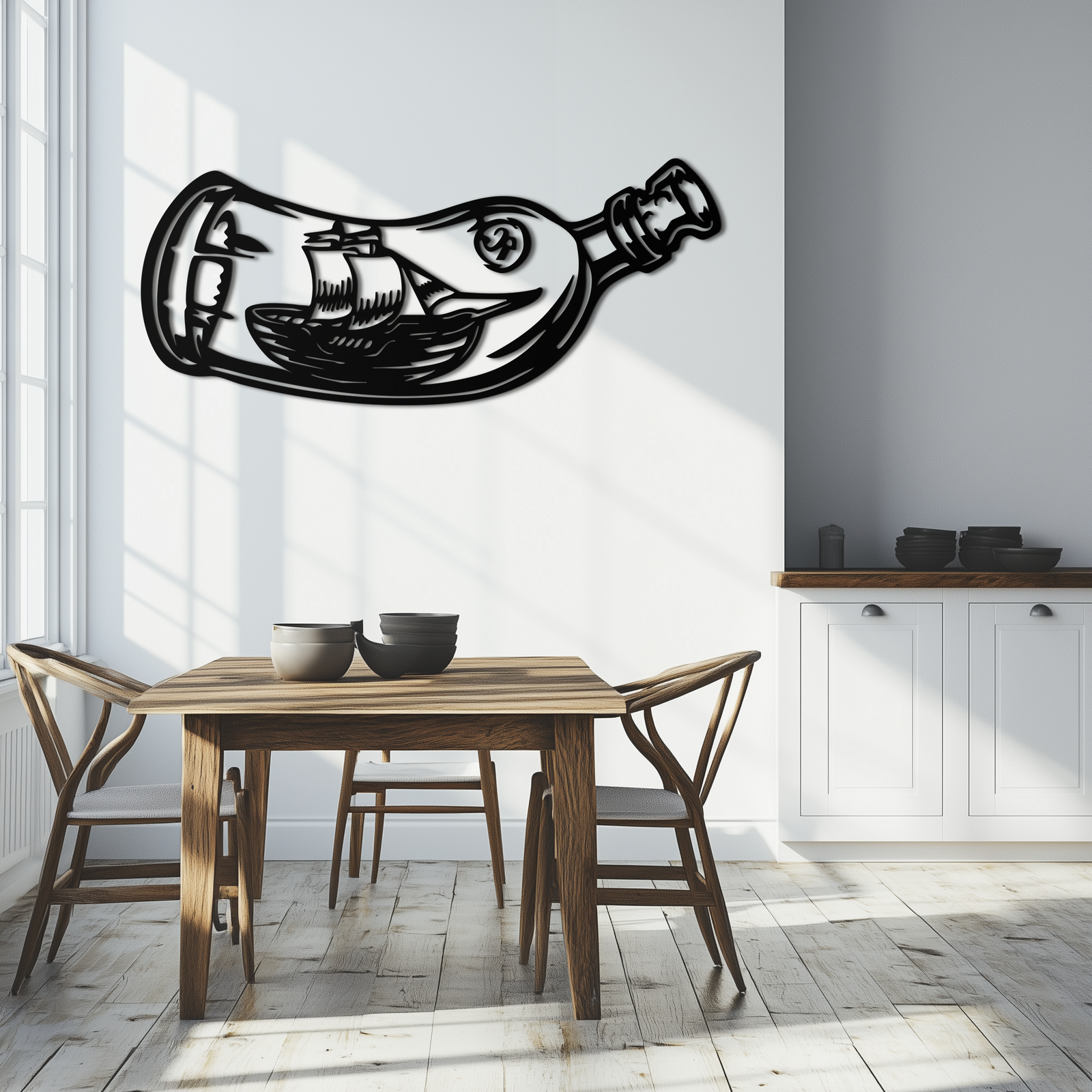 Ship in a Bottle Metal Wall Art – Nautical Silhouette Design for Sea Lovers- KAF691