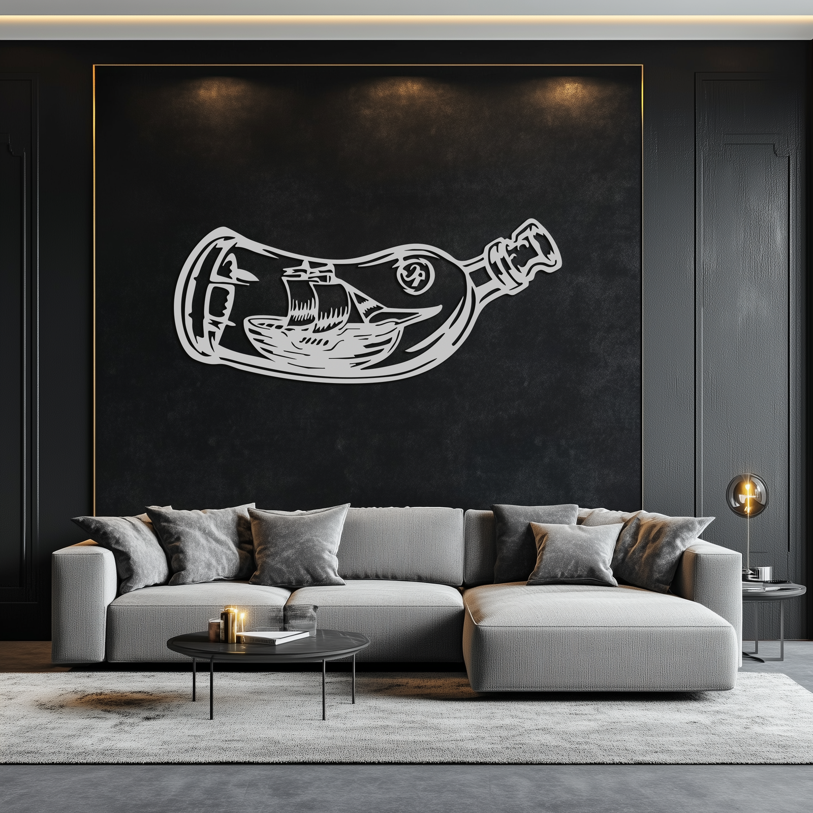 Ship in a Bottle Metal Wall Art – Nautical Silhouette Design for Sea Lovers- KAF691