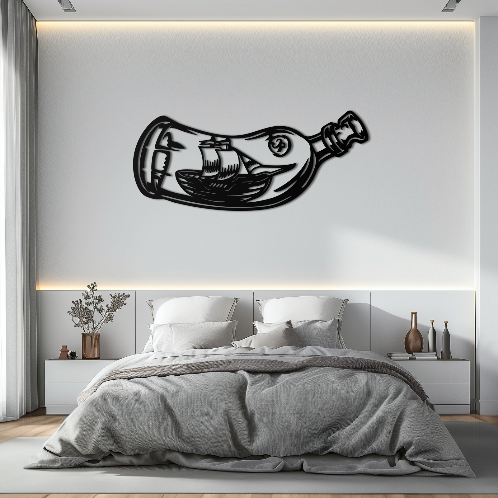 Ship in a Bottle Metal Wall Art – Nautical Silhouette Design for Sea Lovers- KAF691
