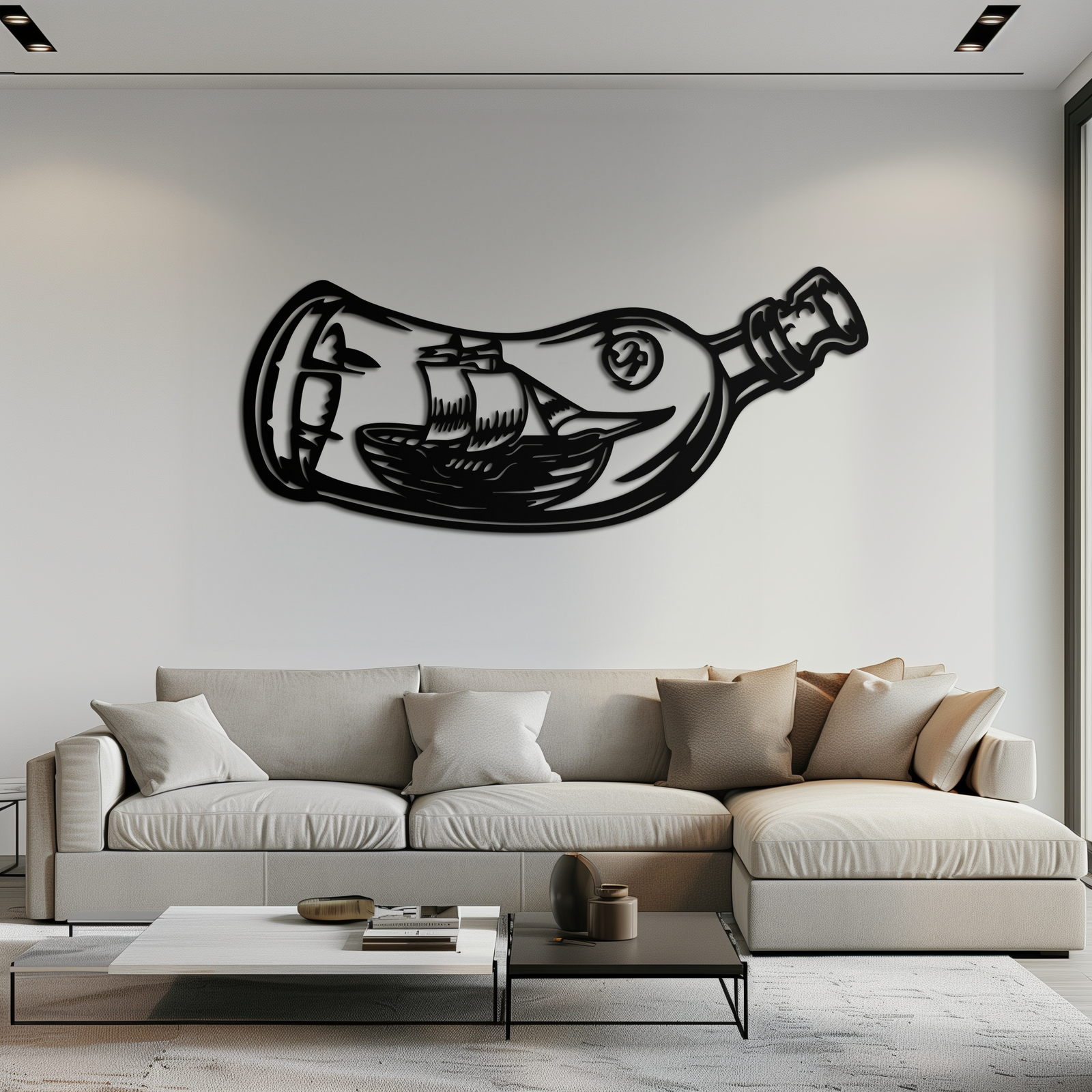 Ship in a Bottle Metal Wall Art – Nautical Silhouette Design for Sea Lovers- KAF691
