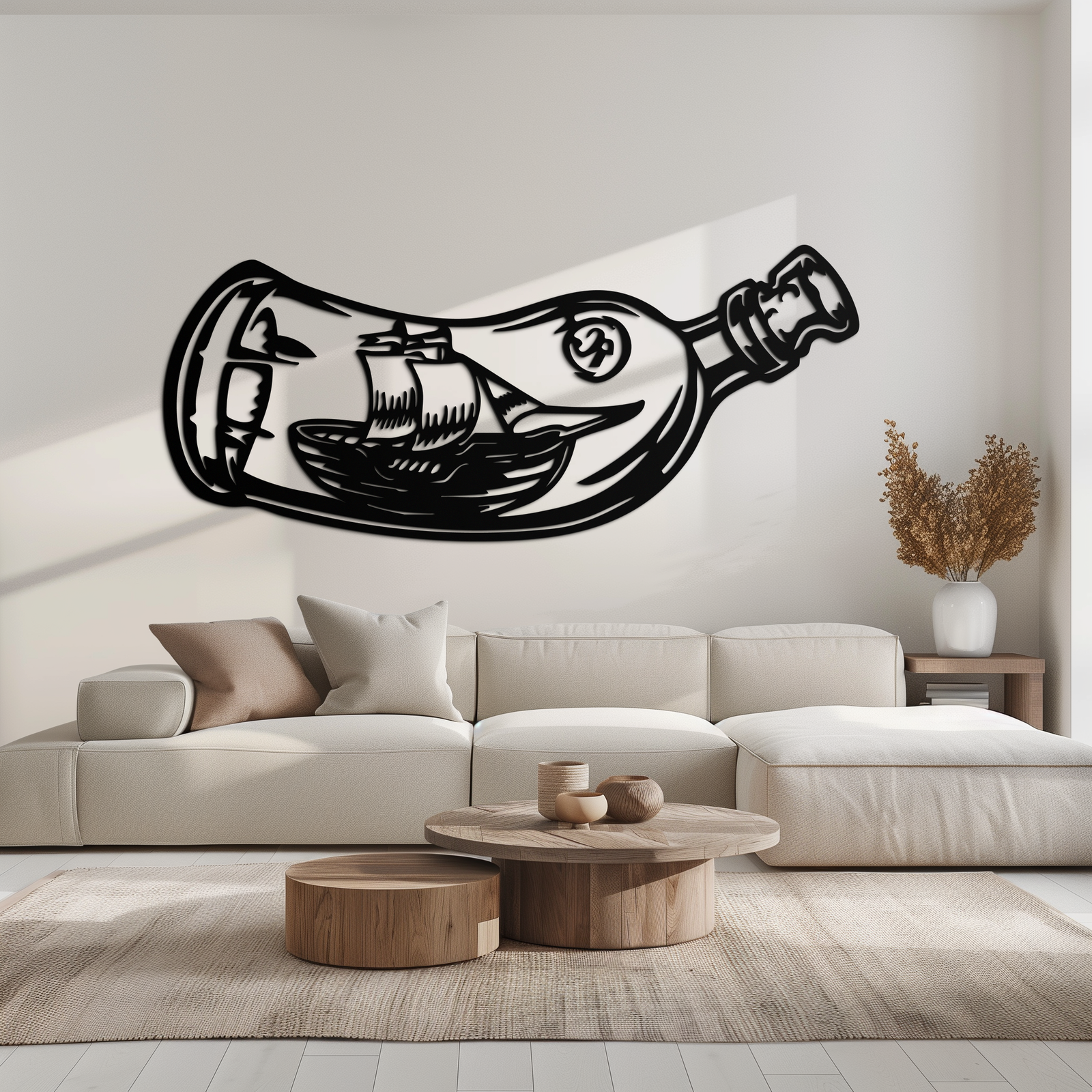 Ship in a Bottle Metal Wall Art – Nautical Silhouette Design for Sea Lovers- KAF691