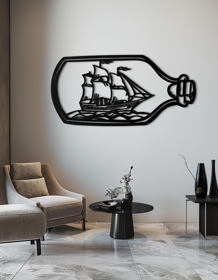Şişede Yelkenli Metal Duvar Sanatı – Okyanus Rüyası Tutkunları İçin Denizcilikten Esinlenen Siluet- KAF692