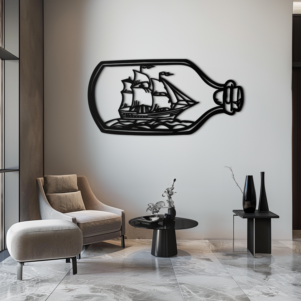 Sailboat in a Bottle Metal Wall Art – Nautical-Inspired Silhouette for Ocean Dreamers- KAF692
