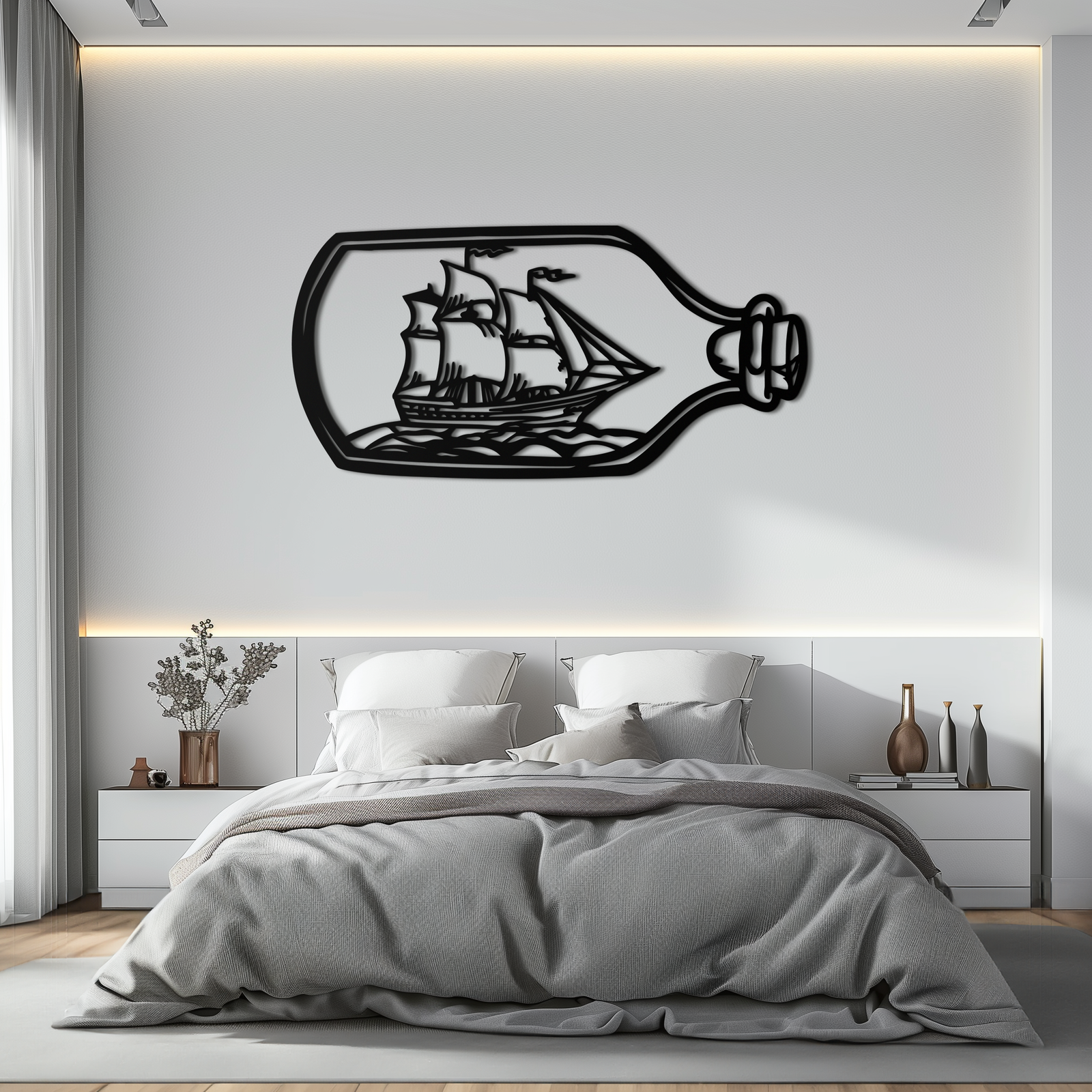 Sailboat in a Bottle Metal Wall Art – Nautical-Inspired Silhouette for Ocean Dreamers- KAF692