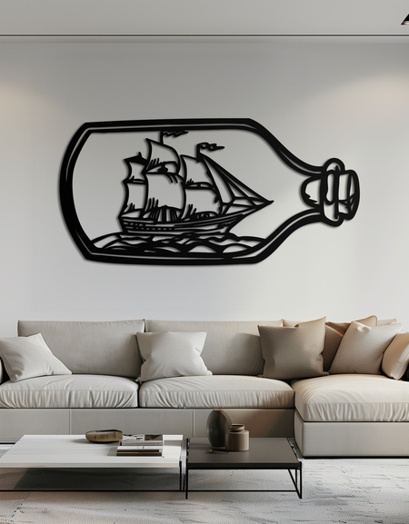 Şişede Yelkenli Metal Duvar Sanatı – Okyanus Rüyası Tutkunları İçin Denizcilikten Esinlenen Siluet- KAF692