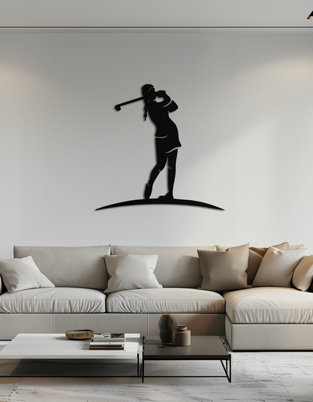 Female Golfer Metal Wall Art – Elegant Sports Silhouette for Modern Spaces- KAF698
