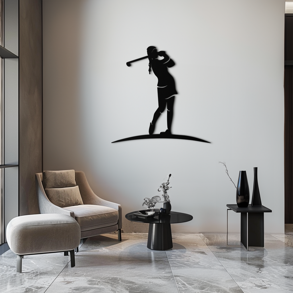 Kadın Golfçü Metal Duvar Sanatı – Modern Mekanlar İçin Zarif Spor Silüeti - KAF698
