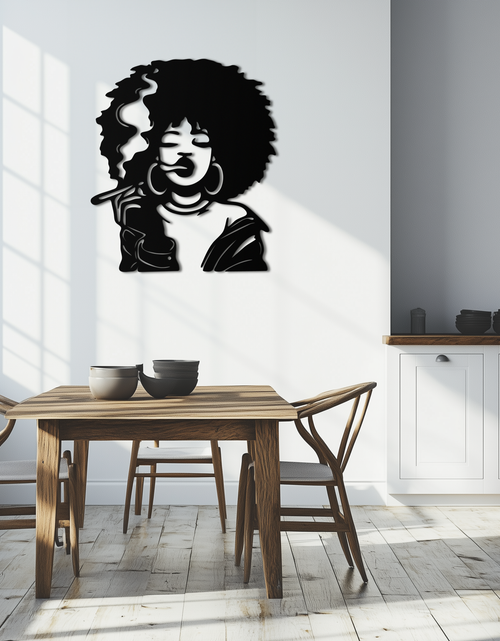 Load image into Gallery viewer, Afro Woman Smoking Silhouette Metal Wall Art – Bold Statement Decor- KAF701
