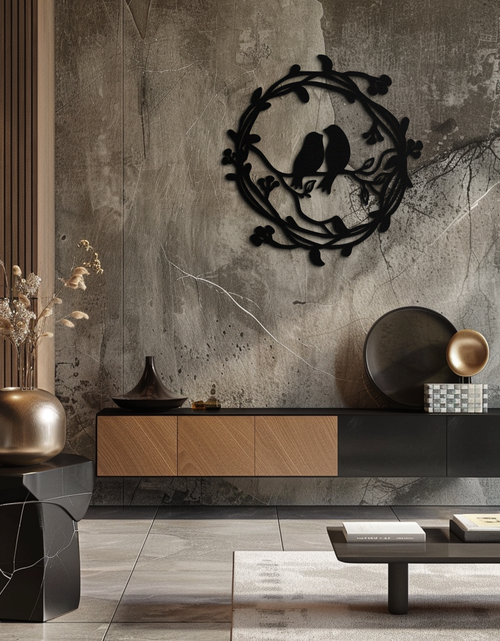 Load image into Gallery viewer, Two Birds on Wreath Branch Metal Wall Art – Romantic Nature-Inspired Round Design- KAF702

