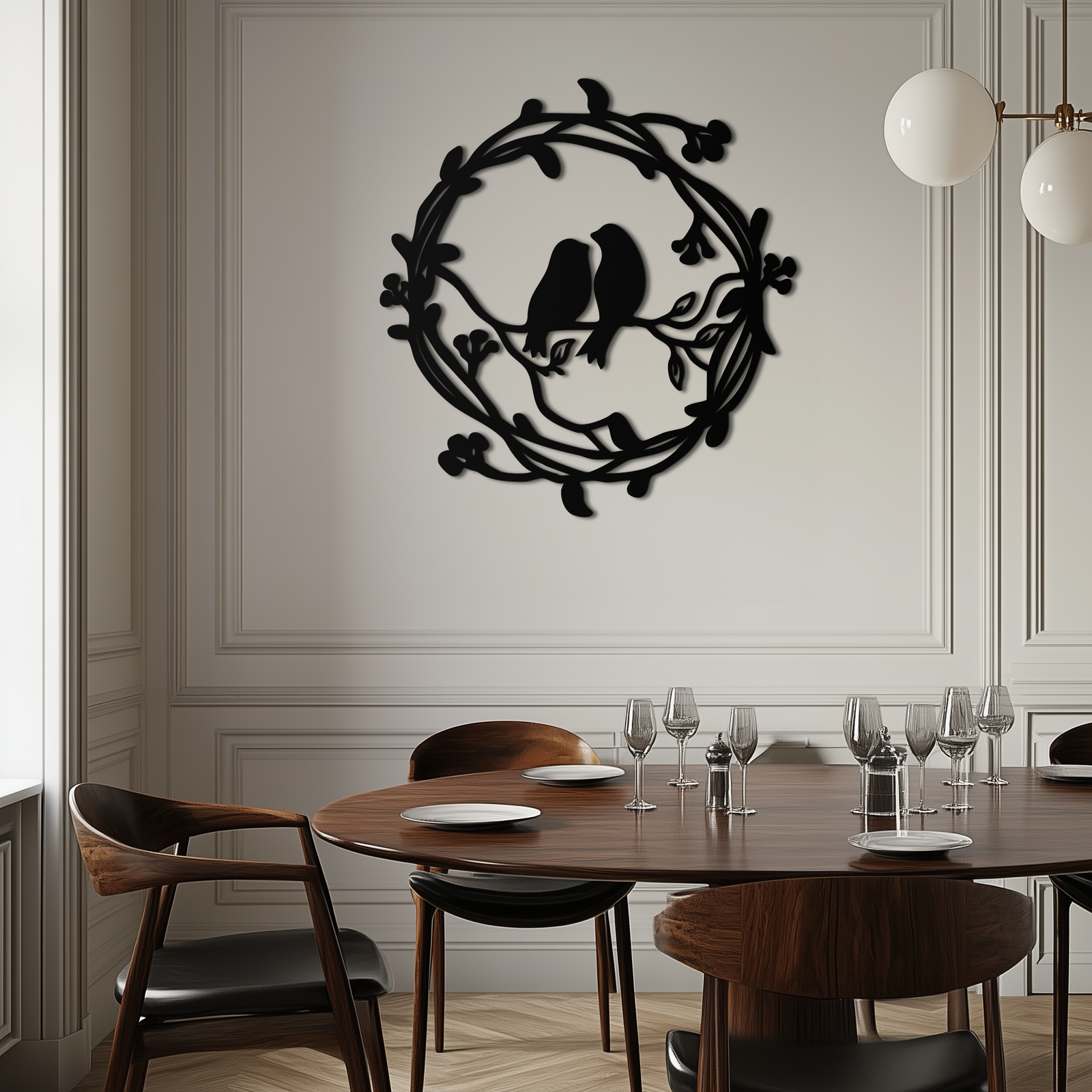Two Birds on Wreath Branch Metal Wall Art – Romantic Nature-Inspired Round Design- KAF702