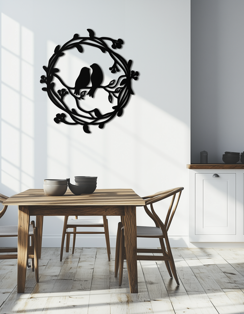 Load image into Gallery viewer, Two Birds on Wreath Branch Metal Wall Art – Romantic Nature-Inspired Round Design- KAF702
