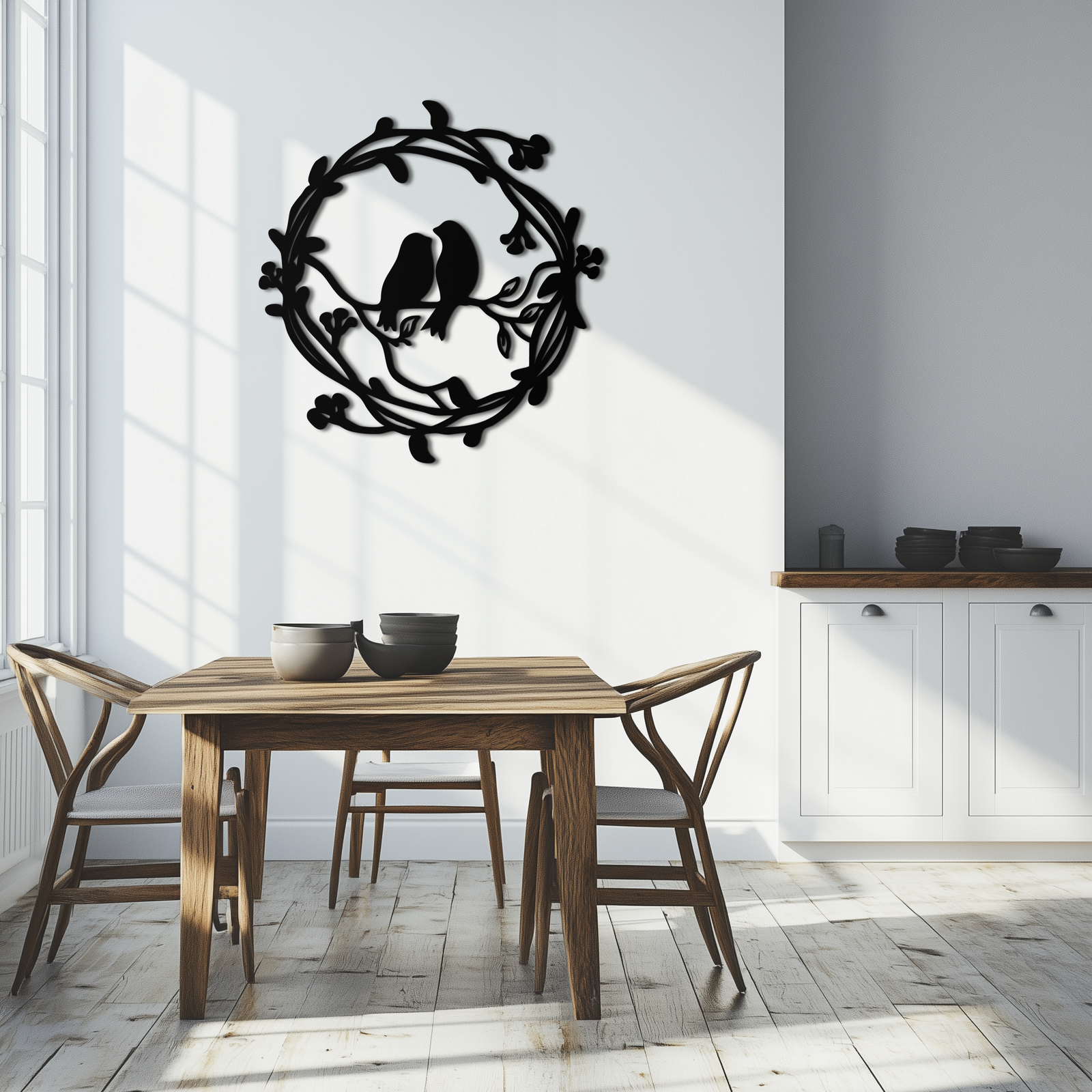 Two Birds on Wreath Branch Metal Wall Art – Romantic Nature-Inspired Round Design- KAF702