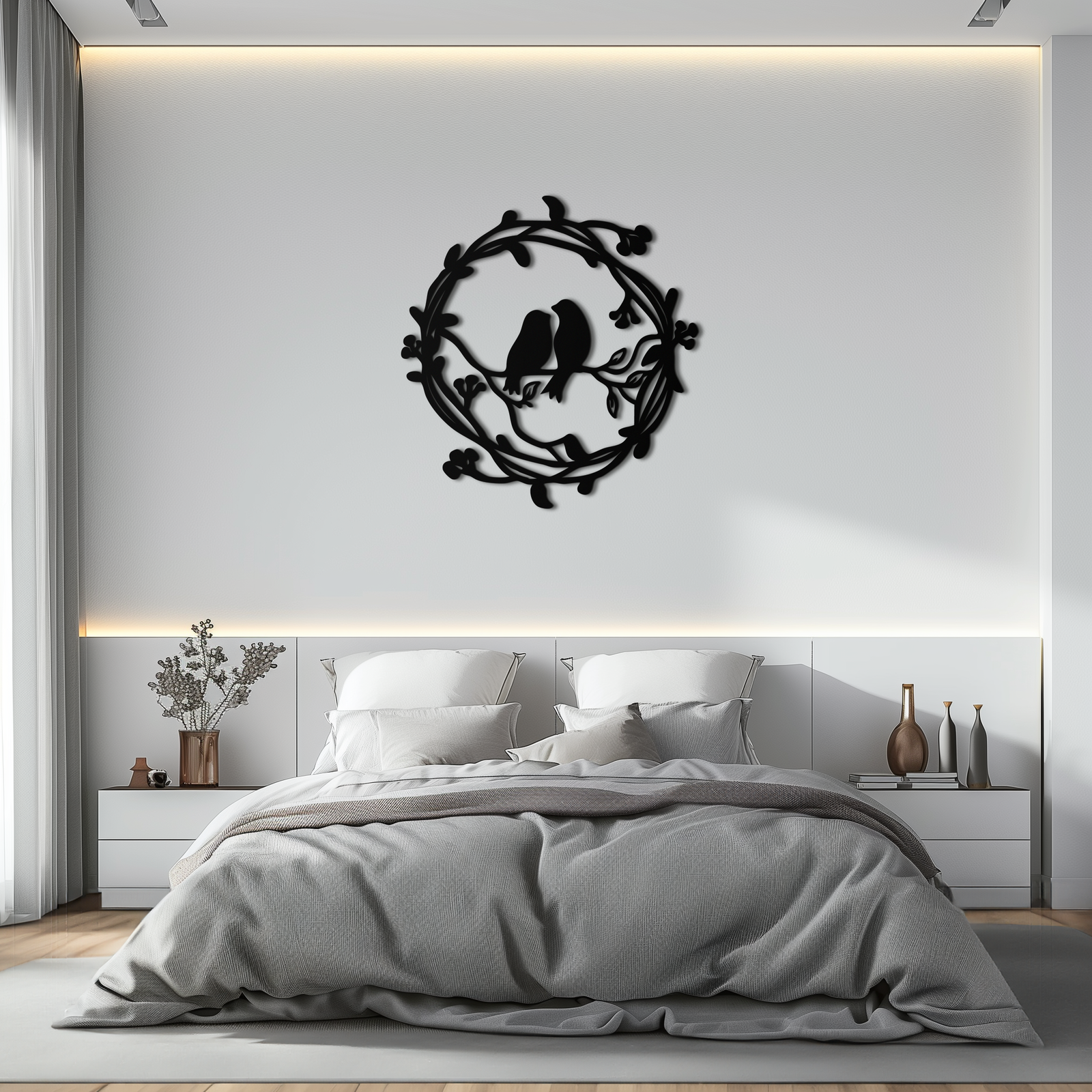 Two Birds on Wreath Branch Metal Wall Art – Romantic Nature-Inspired Round Design- KAF702