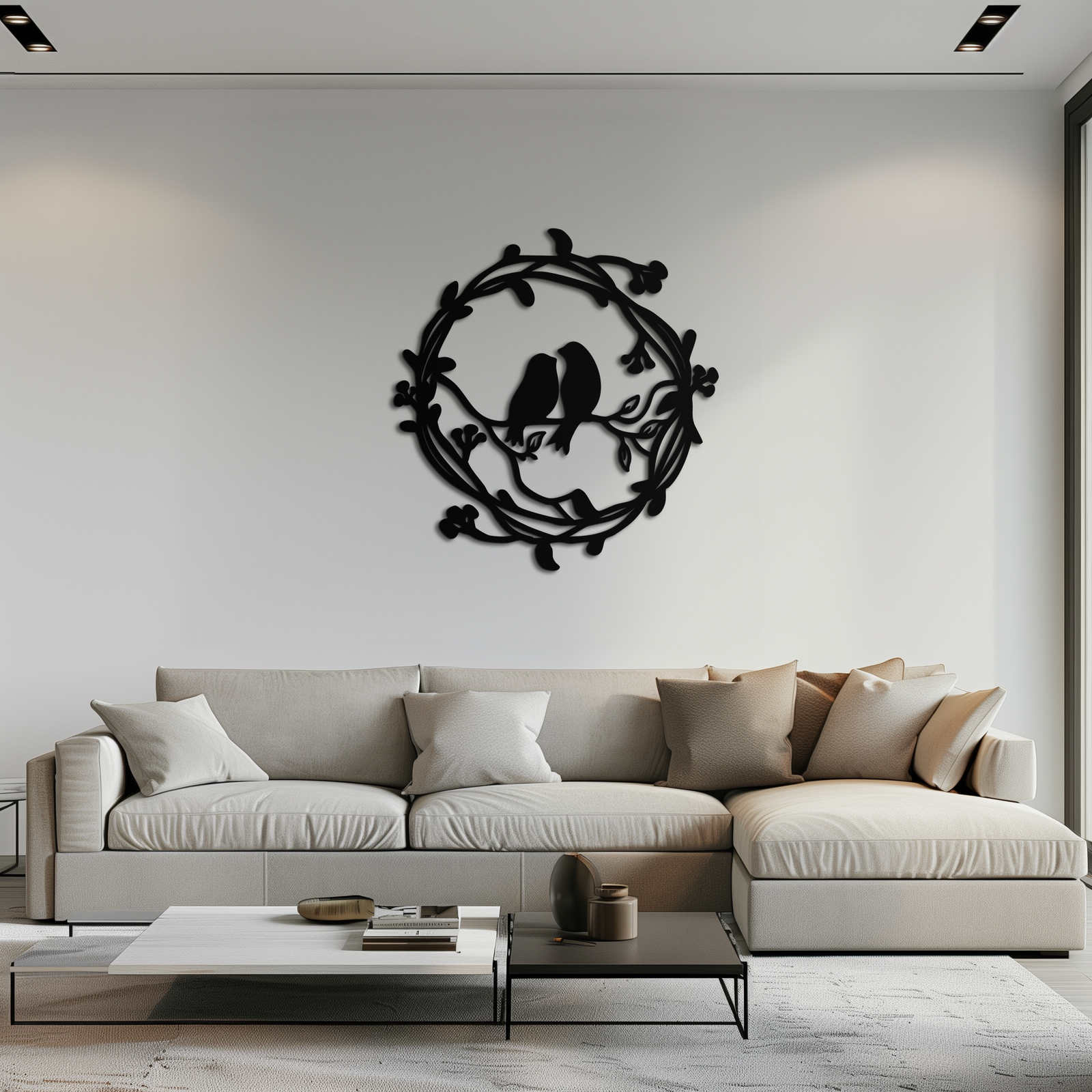 Two Birds on Wreath Branch Metal Wall Art – Romantic Nature-Inspired Round Design- KAF702