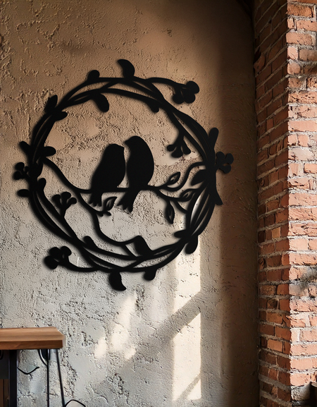 Çelenk Dalında İki Kuş Metal Duvar Sanatı – Romantik Doğa Esintili Yuvarlak Tasarım- KAF702