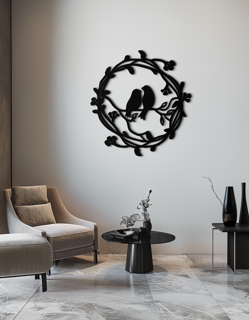 Load image into Gallery viewer, Two Birds on Wreath Branch Metal Wall Art – Romantic Nature-Inspired Round Design- KAF702

