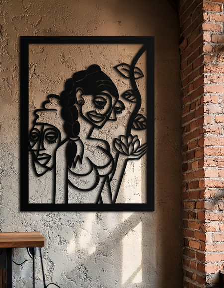 Soyut Kabile Yüzleri Çiçek Öğeleriyle Modern Metal Duvar Sanatı Paneli- KAF703