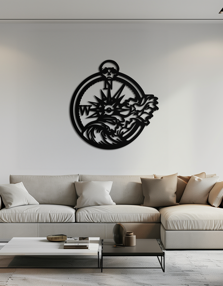 Deniz Pusulası Dalga Metal Duvar Sanatı – Okyanus Fırtınası ve Kafatası Tasarım Dekoru- KAF704