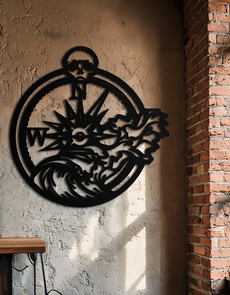 Deniz Pusulası Dalga Metal Duvar Sanatı – Okyanus Fırtınası ve Kafatası Tasarım Dekoru- KAF704