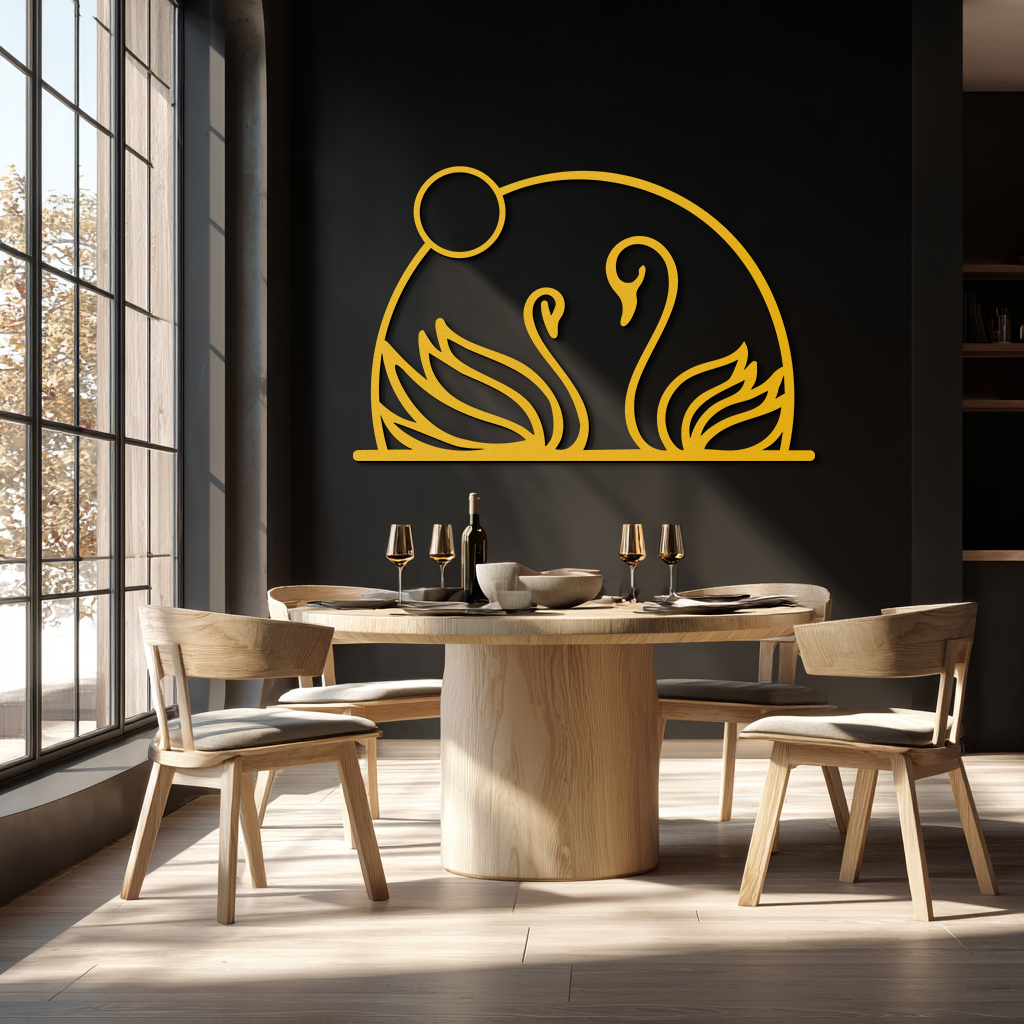 Elegant Swan Couple Silhouette Metal Wall Art – Romantic Bird Design for Home Decor- KAF634
