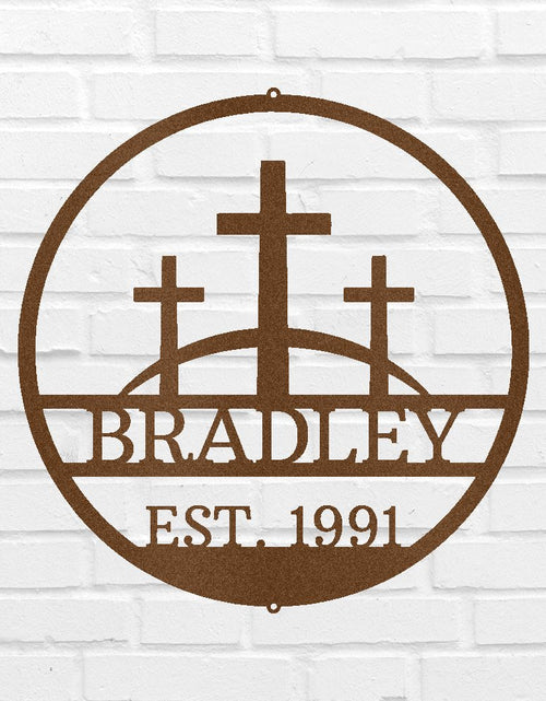 Load image into Gallery viewer, Three Crosses Jesus Personalized Gifts - Custom Metal Sign, In Loving Memory

