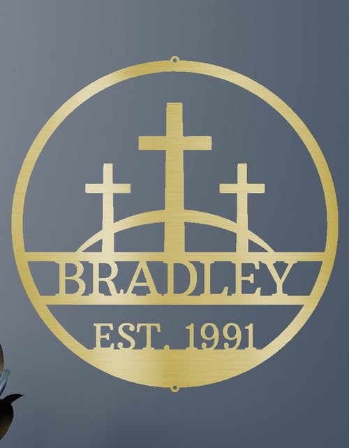 Load image into Gallery viewer, Three Crosses Jesus Personalized Gifts - Custom Metal Sign, In Loving Memory
