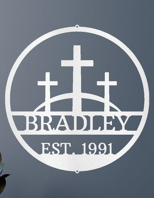 Load image into Gallery viewer, Three Crosses Jesus Personalized Gifts - Custom Metal Sign, In Loving Memory
